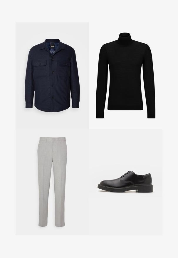 Chaqueta de camisa azul marino con botones, dos bolsillos en el pecho, un cuello punta y una textura suave. Presenta botones negros y un ajuste relajado.; Jersey de cuello alto negro hecho de un material suave, con mangas largas y un ajuste ceñido. Ribete acanalado en el dobladillo y los puños. Diseño simple.; Pantalones gris claro con una textura suave, frente plano y piernas rectas. Hechos de una tela transpirable, con bolsillos internos y pasadores para cinturón.; Zapato negro de cuero con cordones, punta redondeada, textura suave, costuras mínimas y tacón bajo de goma. Logo en el tacón.