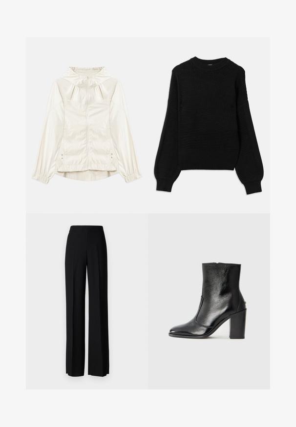 Letvægts, crèmefarvet jakke med hætte, frontlynlås, elastiske manchetter og sidelommer. Glat tekstur med subtil glans.; Sort sweater med et tekstureret strikdesign, ribbet rund halsudskæring og oversized ballonærmer med en glat finish.; Sorte vide benbukser med en glat tekstur, der har en høj talje og centerfolder. Ingen synlige mønstre eller hardware detaljer.; Sorte læder ankelstøvler med en glat overflade, spids tå og en chunky høj hæl. Har en sidelukning og minimalistisk design.