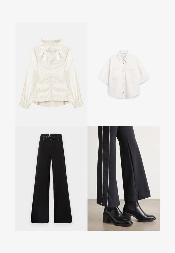 Ľahká, krémovo sfarbená bunda s kapucňou, predným zipsom, elastickými manžetami a bočnými vreckami. Hladký povrch s jemným leskom.; Biely krátky rukáv košeľa vyrobená z bavlny, má zapínanie na gombíky, dve náprsné vrecká a štruktúrovaný golier.; Čierne nohavice so širokými nohavicami vyrobené z bavlny, s vysokým pásom, veľkými bočnými vreckami a opaskom s prackou so striebornými detailmi.; Čierne kožené členkové topánky s blokovým podpätkom, vybavené elastickými bočnými panelmi. Skombinované s čiernymi nohavicami, ktoré majú biely bočný pruh.