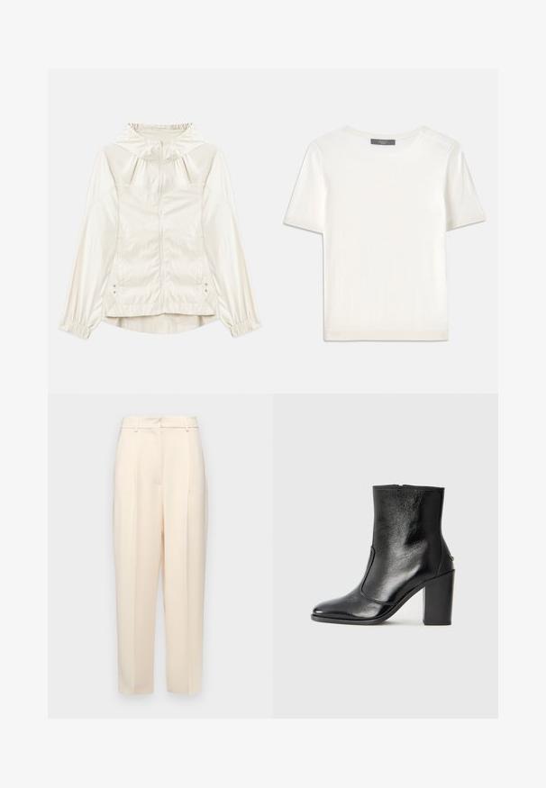 Letvægts, crèmefarvet jakke med hætte, frontlynlås, elastiske manchetter og sidelommer. Glat tekstur med subtil glans.; Hvid kortærmet strikbluse med rund halsudskæring, der har en glat tekstur og subtile ribbede detaljer ved ærmerne og kanten.; Beige skræddersyede bukser med en lige pasform, der har folder i fronten, en glat tekstur og en mellemhøj talje. Ingen synlige lommer.; Sorte læder ankelstøvler med en glat overflade, spids tå og en chunky høj hæl. Har en sidelukning og minimalistisk design.