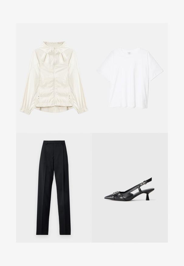 Lightweight, cream-colored jacket with a hood, front zipper, elastic cuffs, and side pockets. Smooth texture with subtle sheen.; White cotton t-shirt with short sleeves, round neckline, relaxed fit, and stitched hem. Label visible on the inside neck.; Black trousers made from smooth fabric featuring a high waist, wide legs, front pleats, and classic belt loops. No side pockets visible.; Black leather slingback shoe with a pointed toe, decorative straps featuring metal eyelets, and a low block heel. Textured surface.