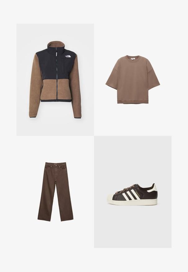 The North Face W RETRO DENALI JACKET - Fleecejacke - smokey brown/black; Braun oversized T-Shirt, kurze Ärmel, runder Ausschnitt, aus weichem Baumwollmaterial, mit schlichtem Design und minimalen Nähten.; Weite braune Jeans aus Denim, mit hoher Taille, Fronttaschen und klassischem Knopfverschluss. Glatte Textur mit feinen Nähten.; Low-Top Adidas Superstar Sneaker aus dunkelbraunem Leder mit cremefarbener Schale an der Spitze, weißen Streifen und dem Schriftzug "Superstar" an der Seite.