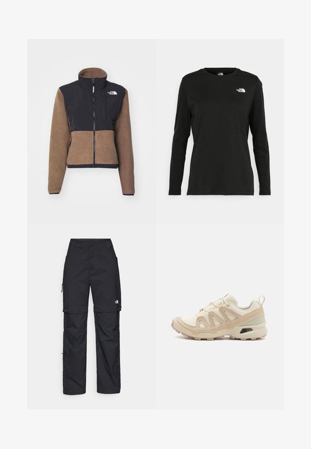 The North Face W RETRO DENALI JACKET - Jakna iz flisa - smokey brown/black; Črna majica z dolgimi rokavi iz bombaža z okroglo izrezom. Ima majhen bel logotip na levem prsnem delu. Enostaven dizajn in prileganje.; Črne najlon hlače z zipom, ki se lahko odstranijo, s prilagodljivimi manšetami, več žepi in logotipom na desni nogi. Gladka, lahka tekstura.; Bež in krem športni čevlji z teksturiranim mrežastim zgornjim delom, podpornimi prekrivali in gumijastim podplatom z vzorcem za oprijem.