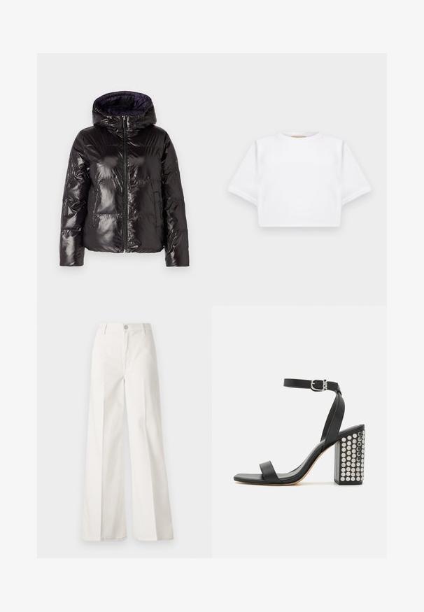 Czarna, błyszcząca kurtka puchowa z kapturem, zamek błyskawiczny z przodu oraz pikowany design z poziomym przeszyciem i bocznymi kieszeniami.; Skrojona biała koszulka z miękkiego materiału, z krótkimi rękawami, okrągłym dekoltem i żebrowanymi detalami u dołu. Prosty i nieozdobiony design.; Białe spodnie typu wide-leg wykonane z bawełny o gładkiej fakturze. Posiadają zapięcie na guzik z przodu, zamek błyskawiczny oraz cztery kieszenie.; Czarne skórzane sandały na obcasie z paskiem na kostkę. Charakteryzują się kwadratowym noskiem, gładką teksturą oraz kwadratowym słupkiem ozdobionym srebrnymi ćwiekami.
