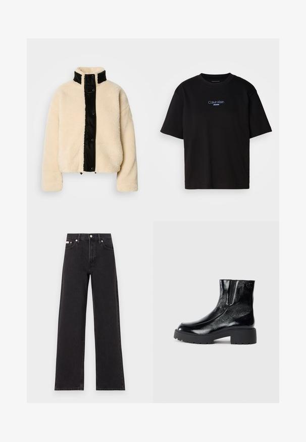 Jachetă din fleece de culoare crem, cu panou frontal lucios negru, guler înalt și nasturi cu capsenă; prezintă o textură moale și un design scurt.; Tricou din bumbac negru cu guler rotund, mâneci scurte și logo-ul brodat în albastru "Calvin Klein JEANS" pe față.; Jeanși negri cu picioare largi, fabricați din denim, cu talie înaltă, stil cu cinci buzunare și închidere cu nasture metalic, cu cusături contrastante.; Botine negre până la gleznă, cu un finisaj de piele lacuită strălucitoare, talpă de cauciuc neagră masivă și toc înălțat; include detalii subtile cu logo pe lateral.