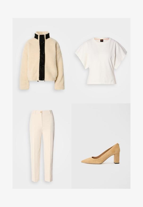 Veste en polaire de couleur crème avec un panneau avant noir brillant, col montant et boutons-pression ; présente une texture douce et un design court.; T-shirt blanc cintré, manches courtes et larges, en coton doux, décolleté rond avec une discrète bordure orange, design minimaliste, sans motifs ni graphiques.; Pantalons taille haute couleur crème en tissu texturé. Dotés d'une fermeture à bouton à l'avant et de jambes fuselées.; Pumps à talons hauts en daim beige avec un bout pointu et un talon large. Le matériau a une texture douce avec une finition lisse.
