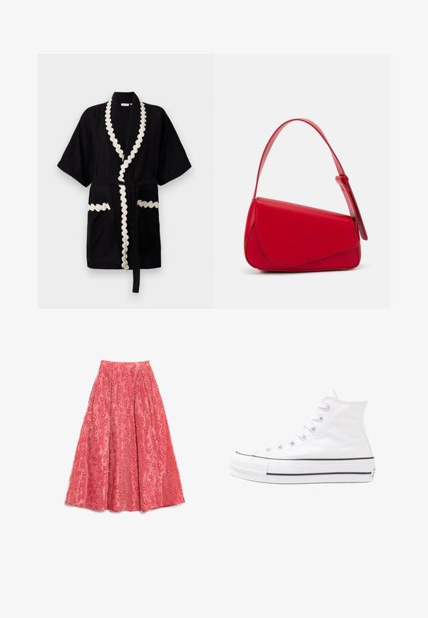 Sorte kappe med korte ermer, kremfarget bølget kant langs kragen og lommene, med en matchende belte. Teksturert stoff.; Blomstrete bluse med lange pufferm, lys kremfarge, med lilla, oransje og grønne blomster mønstre, og klassisk kragedesign.; Flytende korallfarget maxiskjørt laget av teksturert stoff, med et blomsterdesign med små hvite detaljer og legg for volum.; Hvit høy-skinn kanvas sneakers med svart gummisåle, gummitåhette foran og seks hull for snorer, med et rent, minimalistisk design.; Rød lærveske med en vinklet, geometrisk design. Har en enkelt justerbar stropp og en klaffelukking med sydd detaljer.