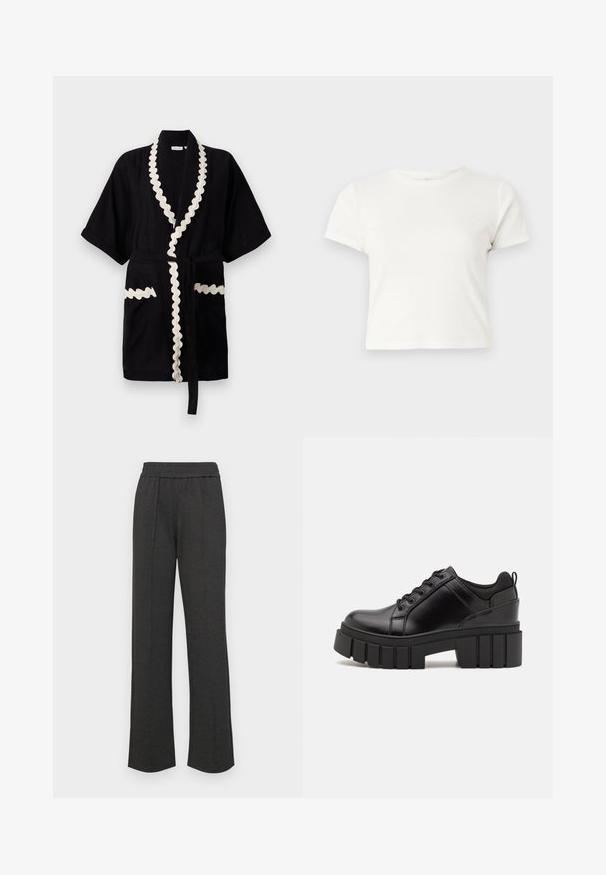 Μαύρη ρόμπα με κοντά μανίκια, κρέμα ανάγλυφη περιποίηση γύρω από τον γιακά και τις τσέπες, με αντίστοιχο ζώνη. Υφασμάτινη με υφή.; Κοντό λευκό μπλουζάκι από βαμβάκι με κοντά μανίκια, στρογγυλή λαιμόκοψη και ίσια στρίφωμα, με λεία υφή και ελαχιστο σχεδιασμό.; Μαύρο παντελόνι με ίσια γραμμή, ελαστική μέση, γαζιά μπροστά, μαλακό ύφασμα και χωρίς ορατά σχέδια ή μεταλλικά στοιχεία.; Μαύρα δερμάτινα παπούτσια πλατφόρμας με παχύ μπλοκ τακούνι, στρογγυλή μύτη και παραδοσιακό σχέδιο δέσιμο. Διαθέτουν λεία υφή και ελάχιστες λεπτομέρειες.