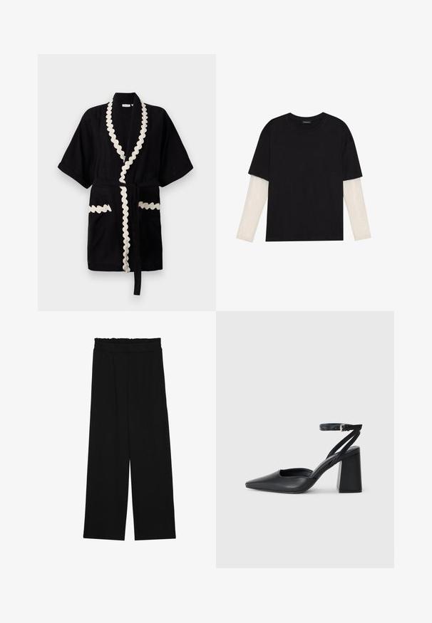 Túnica negra de mangas curtas, com acabamento creme em ondas ao longo do colarinho e dos bolsos, apresentando um cinto a condizer. Tecido texturizado.; T-shirt preta de algodão, com mangas curtas sobre uma camada de mangas longas branca com um padrão texturizado subtil. Design de decote redondo.; Calças largas pretas com um cinto franzido, apresentando dois bolsos laterais e um tecido suave e leve. Sem padrões ou ferragens visíveis.; Sandal com biqueira afilada em couro preto, com cinta no tornozelo e salto grosso. Textura lisa, design elegante e estética minimalista.