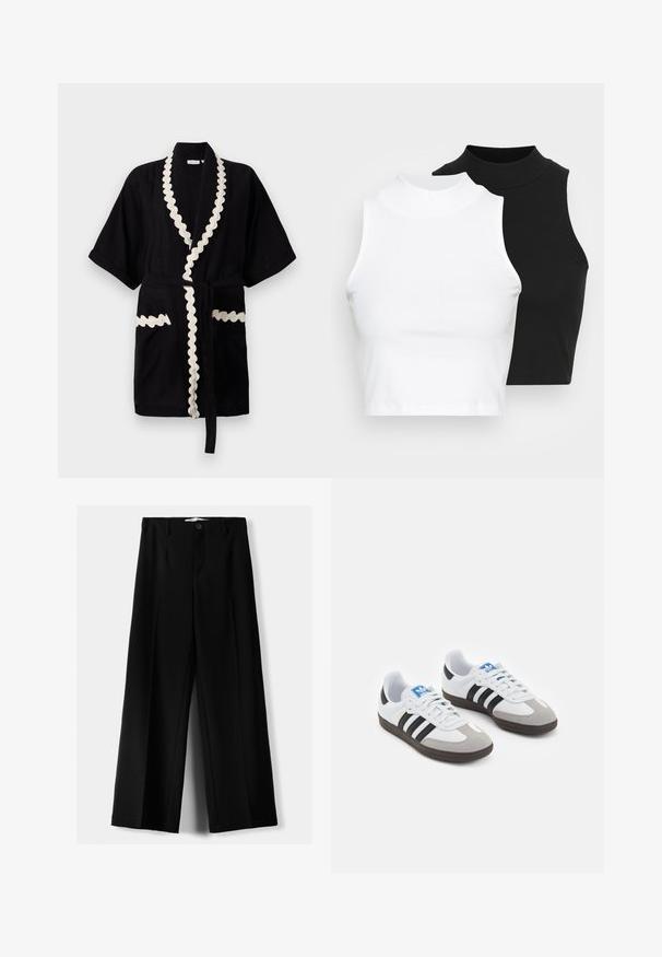 Črna obleka s kratkimi rokavi, s smetanovo valovito obrobo ob ovratniku in žepih, ki vključuje ujemajoč pas. Teksturna tkanina.; Dva brezrokavniki z rebrasto turtleneck gorami v črni in beli barvi, z oblikovanim dizajnom in gladko teksturo, v skrajšani dolžini.; Črne široke hlače iz lahkega materiala, z zapiranjem na gumb spredaj in ravnim sprednjim delom, s skrbno zašiti robovi.; Športni čevlji z belim usnjenim zgornjim delom, sivim semišem na prstih in tremi črnimi črtami. Imajo modro logo na jeziku in teksturiran gumijast podplat.