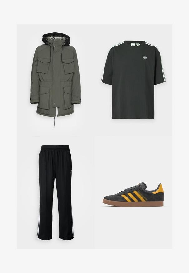 ARKET Casaco de inverno - green; T-shirt preta de algodão com mangas curtas, gola redonda e detalhe branco de três riscas nos ombros. Apresenta um pequeno logotipo branco no peito.; Calças atléticas pretas com um cós elástico, apresentando riscas brancas laterais e um pequeno logótipo. O material parece macio e leve.; Tenis em camurça preta com detalhes amarelos, apresentando três riscas e uma sola de borracha castanha. Inclui uma língua acolchoada para maior conforto.