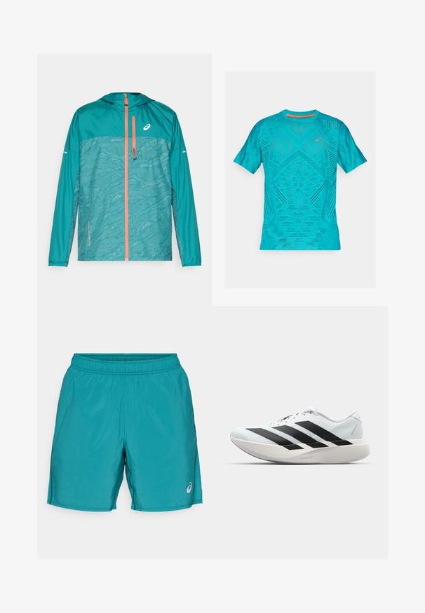 Tyrkysová vetrovka s kapucňou, s textúrovaným vzorom, oranžovým zipsom a reflexnými prvkami na rukávoch.; Tyrkysové športové tričko s krátkymi rukávmi, s textúrovaným, priedušným sieťovaným dizajnom a reflexnými detailmi na hrudi.; Tyrkysové športové šortky s elastickým pásom, bočnými vreckami a reflexným logom na dolnej pravej nohe. Hladká, ľahká tkanina.; Ľahké bežecké topánky v svetlomodrej farbe s čiernymi pruhmi. Majú hladký zvršok, okrúle špičky a hrubú bielu medzipodrážku označenú "LIGHTSTRIKE PRO."