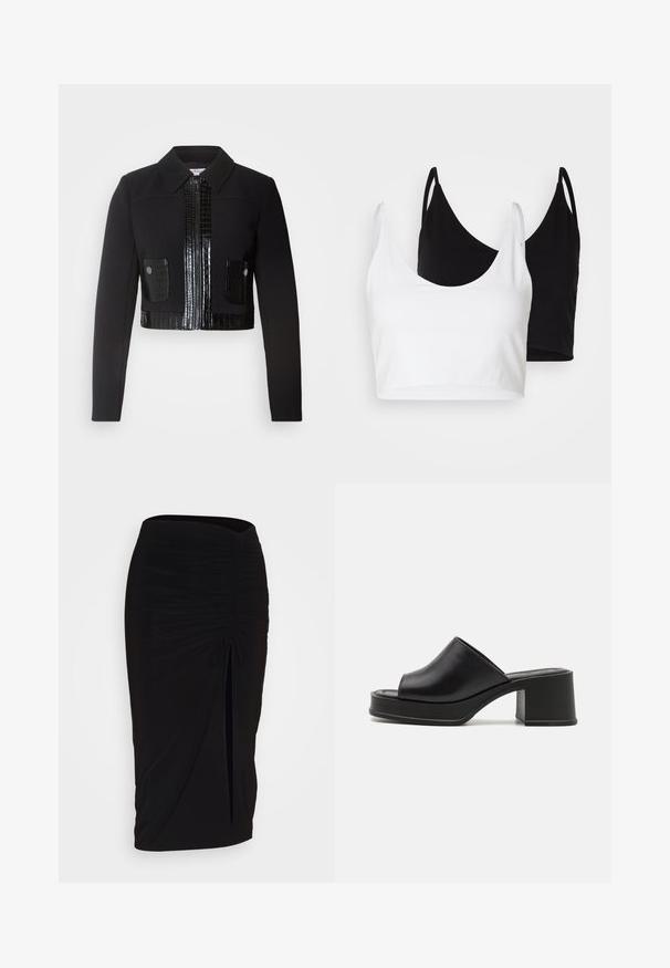 Morgan VARIN - Ljetna jakna - noir; Dva pamukasta crop topa u bijeloj i crnoj boji. Svaki ima dubok izrez i tanke naramenice, s glatkom, mekanom teksturom.; Crna, nabrana suknja olovka s detaljem vezanja i bočnim prorezom. Izrađena od rastezljivog materijala, s glatkom teksturom i prilagođenim dizajnom.; Crne kožne platforme mule s zaobljenim otvorenim prstom, niskim blok petama i glatkom teksturom. Minimalistički dizajn s elegantnim linijama.
