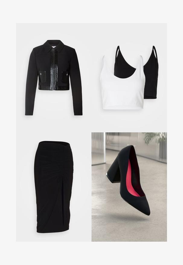 Morgan VARIN - Jachetă de vară - noir; Două topuri din bumbac, unul alb și unul negru. Fiecare are un decolteu adânc și bretele subțiri, având o textură netedă și moale.; Fustă creion neagră, plisată, cu detalii cu fundă și o fanta laterală. Fabricată dintr-un material elastic, cu o textură netedă și un design care se mulează pe corp.; Cămașă cu toc înalt, neagră, cu vârful ascuțit, suprafață texturată și interior de un roz vibrant. Dispune de un toc gros cu accent argintiu.
