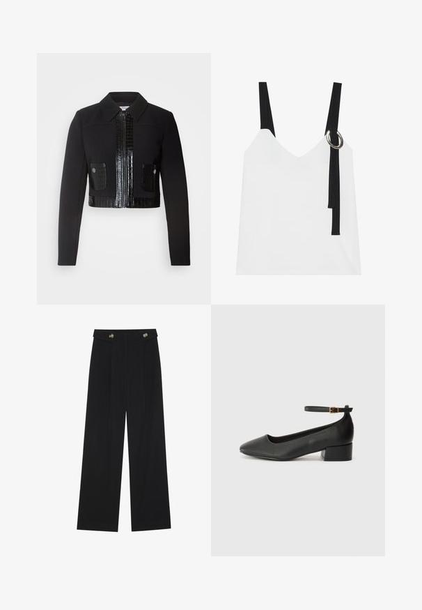 Morgan VARIN - Summer jacket - noir; White sleeveless top with a V-neck, featuring black straps and a silver ring detail. Smooth fabric and a modern, minimalist design.; Black wide-leg trousers with high waist, button details on waistband, and front pleats.; Black leather pump with a pointed toe and a low block heel. Features an ankle strap with a gold-tone buckle. Smooth texture.