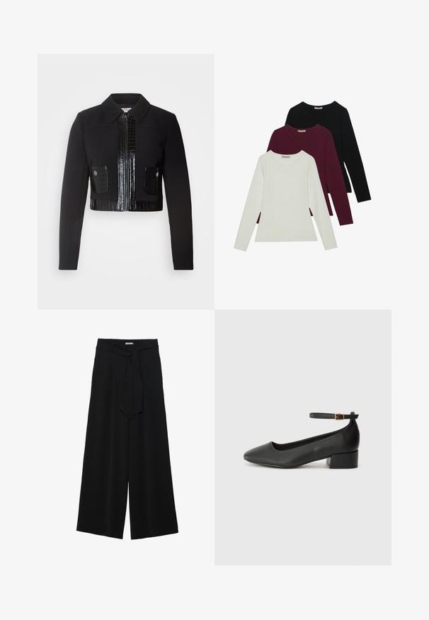 Morgan VARIN - Chaqueta fina - noir; Camisetas de manga larga en blanco, burdeos y negro. Fabricadas con una tela suave, con escote redondo y diseño ajustado. Adecuadas para capas.; Pantalones de pierna ancha negros con un tejido texturizado, una cinturilla elástica y un lazo desmontable en la cintura para un ajuste ajustable.; Zapato de tacón negro de cuero con punta afilada y tacón bajo cuadrado. Presenta una correa para el tobillo con una hebilla en tono dorado. Textura suave.