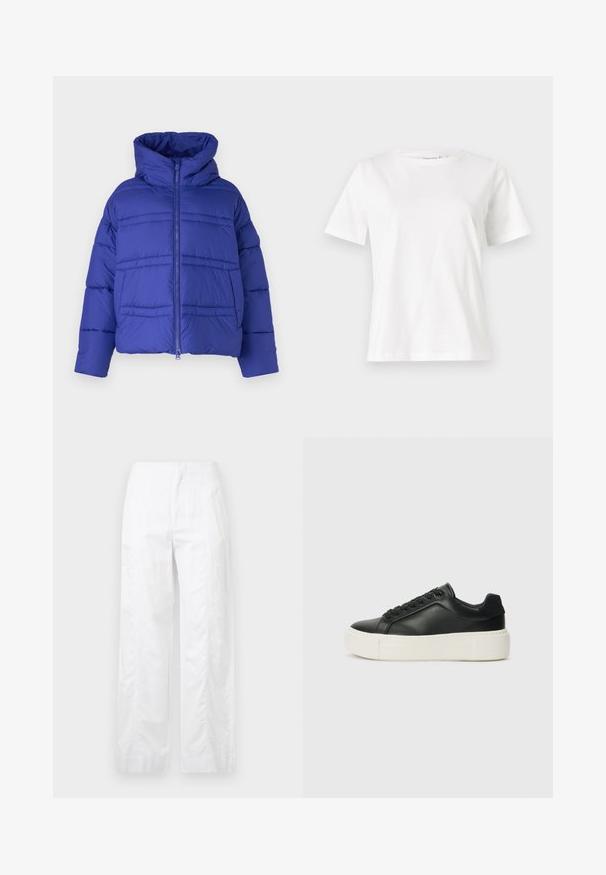 Modrá pufferská bunda s kapucňou, so zaujímavým prešívaním a zipsovým zapínaním. Vyrobená z ľahkého, izolačného materiálu.; Biela bavlnená tričko s krátkymi rukávmi, okrúhlym výstrihom a voľným strihom. Hladká textúra, bez vzorov alebo akcentov, minimalistický dizajn.; Biele široké nohavice z ľahkej látky, s hladkou textúrou, čistými líniami a vysokým pásom.; Čierne kožené tenisky s okrúhlou špičkou, bielou platformou a čiernymi šnúrkami. Obsahujú diskrétnu logo na päte a hladkú textúru.