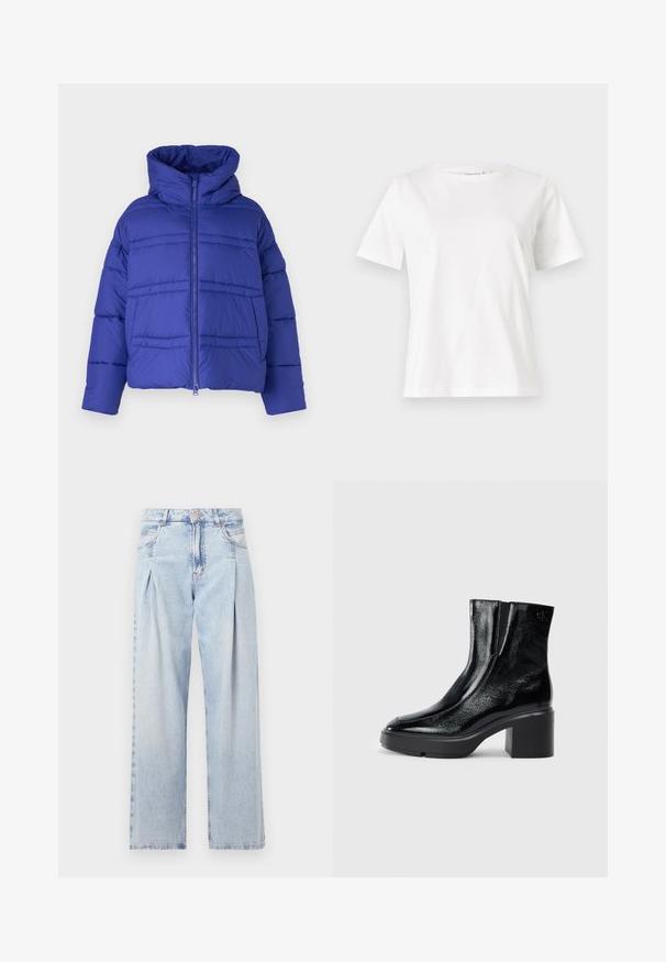 Blauwe pufferjack met een capuchon, voorzien van gestikte naden en een ritssluiting. Gemaakt van lichtgewicht, geïsoleerd materiaal.; Witte katoenen t-shirt met korte mouwen, ronde halslijn en een ontspannen pasvorm. Gladde textuur, geen patronen of accenten, minimalistisch ontwerp.; Lichtblauwe denim jeans met een hoge taille, wijde pijpen, twee zijzakken en geplooid ontwerp. Zachte textuur met een vervaagd uiterlijk.; Zwarte gepatenteerde leren enkellaarsjes met een gebogen neus, elastische zijpanelen en een chunky blokhak. Voorzien van een reliëflogo aan de achterkant.