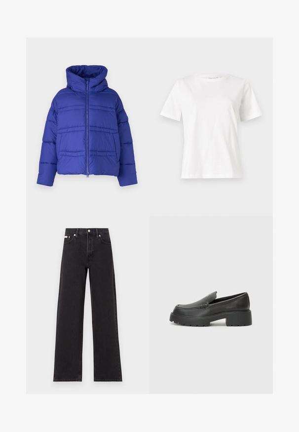 Chaqueta acolchada azul con capucha, con costuras acolchadas y cierre de cremallera. Fabricada con material ligero e insulated.; Camiseta de algodón blanca de manga corta, con cuello redondo y un corte relajado. Textura suave, sin patrones ni acentos, diseño minimalista.; Jeans anchos de mezclilla negros, con cintura alta, cinco bolsillos y cierre de botón metálico con costuras contrastantes.; Mocasines de piel negra con punta redondeada, suela texturizada gruesa y mínimos detalles de costura. Diseño elegante sin cordones o herrajes visibles.