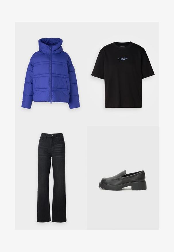 Blå pufferjakke med hette, med kviltet søm og glidelås. Laget av lett, isolert materiale.; Sort bomull t-skjorte med rund hals, korte ermer, og blå brodert "Calvin Klein JEANS" logo på forsiden.; Sorte denim vide bukser med høj talje, fem-lomme design og sølv metalknap. Stoffer har en glat tekstur og let stræk.; Sorte skinnloafers med rund tå, tykk teksturert såle og minimale sømdetaljer. Strømlinjeformet design uten synlige snørebånd eller hardvarer.