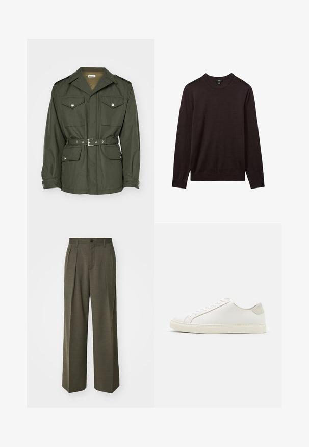 Bally Allvädersjacka - military green; Reiss Stickad tröja - dark bordeaux; Filippa K WIDE TROUSERS - Tygbyxor - driftwood; Vita lädersneakers med en slät yta, rund tå och minimalistisk design. Har beige detaljer vid hälen och en gummisula.