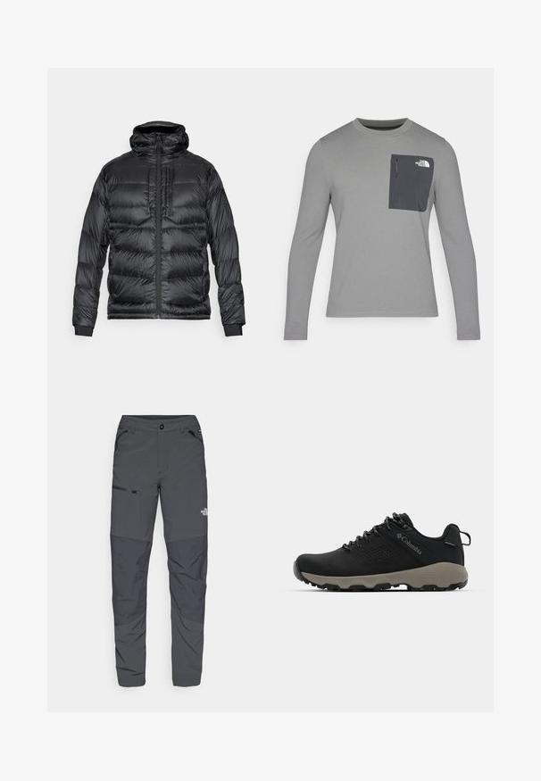 Sort pufferjakke med hætte, med en frontlynlås, to brystlommer og elastiske manchetter. Materialet er skinnende med en quiltet design.; Langærmet grå skjorte i tekstureret stof, med en mørkegrå brystlomme og lynlås. Logo på lommen i hvid.; Grå udendørsbukser med en glat overflade, der har en lynlåslomme på siden, forstærkede knæsektioner og en subtil logo detalje.; Sort vandresko med en glat overdel, perforeret design, grå ydersål og forstærket hæl. Har snørebånd og en træksløjfe for nem påtagning.