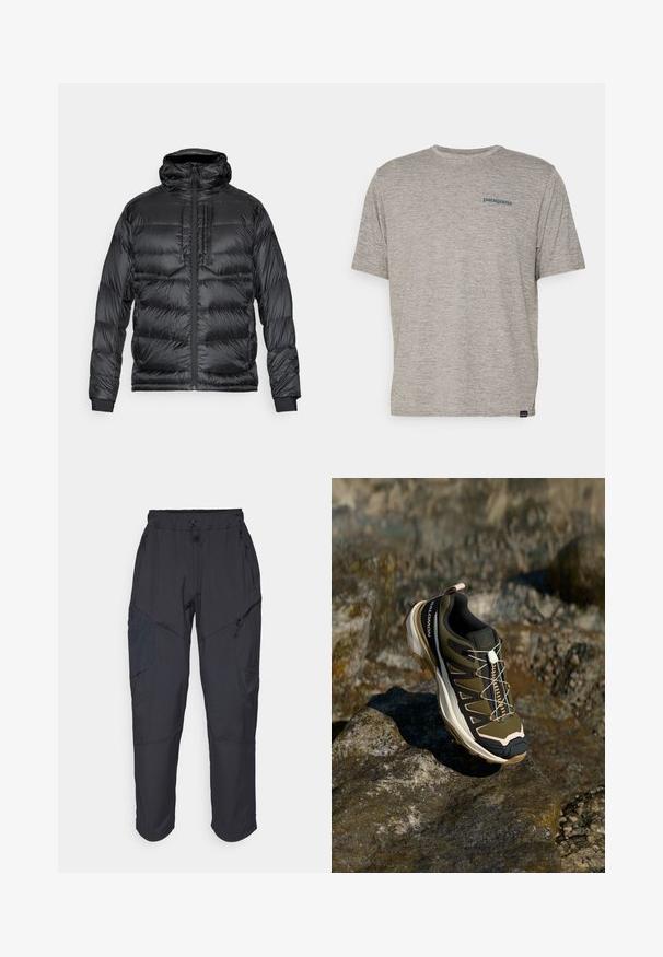 Melns pūkains izmērs ar kapuci, ar priekšējo rāvējslēdzēju, divām krūšu kabatām un elastīgiem manžetiem. Materiāls ir spīdīgs ar quiltotu dizainu.; Pelēka īsām piedurknēm kreks, kas izgatavots no mīkstas teksturētas auduma, ar mazu zilu Patagonia logotipu kreisajā krūtī. Bez papildu rakstiem.; Melnas kravas bikses, izgatavotas no viegla, ūdens izturīga materiāla; ar elastīgu jostasvietu, vairākiem kabatām ar rāvējslēdzējiem un sašaurinātiem ievedumiem.; Tūrisma apavi olīvzaļā un melnā krāsā ar rozā akcentiem. Iespējas ietver teksturētu virsu, elastīgu zoli, pastiprinātu purngalu un krāsainu šņorējuma sistēmu.