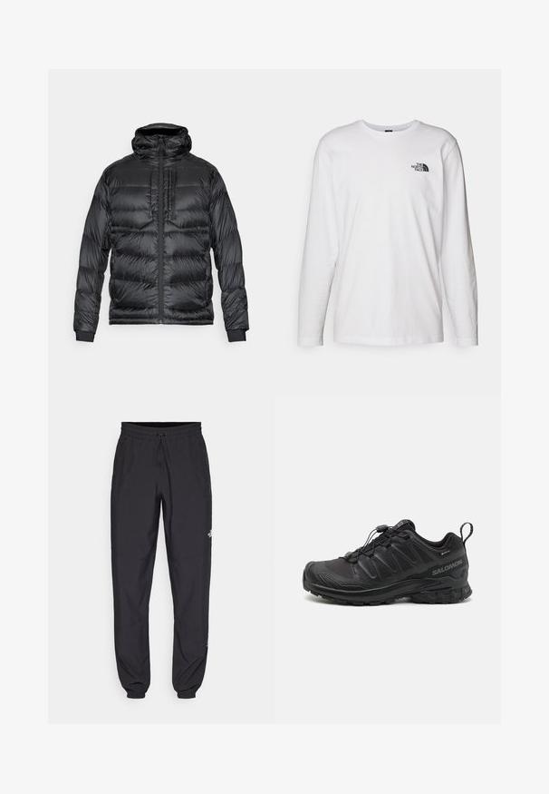 Sort pufferjakke med hætte, med en frontlynlås, to brystlommer og elastiske manchetter. Materialet er skinnende med en quiltet design.; Hvid langærmet T-shirt lavet af bomuld med rund hals. Har et lille sort logo på brystet. Glat tekstur, almindelig pasform.; Sorte atletiske bukser lavet af letvægtsstof, med en snor i taljen, sidelommer og tapered manchetter ved anklerne.; Sort atletik sko med en struktureret syntetisk overdel, polstret sål og et hurtiglukkesystem. Har forstærket tå og hæl.