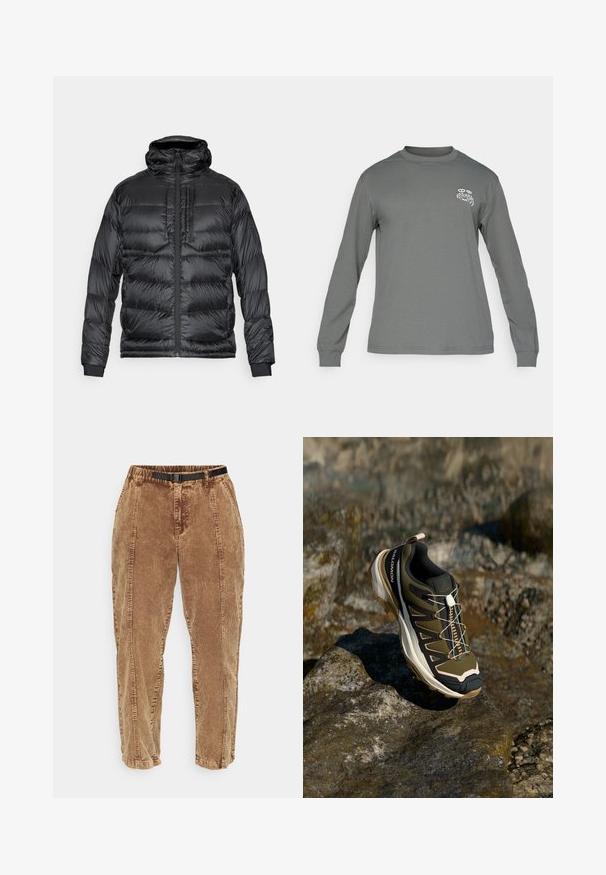 Black puffer jacket with a hood, featuring a front zipper, two chest pockets, and elastic cuffs. The material is shiny with a quilted design.; Long-sleeve shirt in gray fabric, featuring a crew neck and a white graphic logo on the left chest. Smooth texture and simple design.; Brown corduroy pants with a textured surface, featuring a black adjustable belt, side pockets, and a relaxed fit. Pants taper toward the ankles.; Hiking shoe in olive green and black with pink accents. Features a textured upper, flexible sole, reinforced toe cap, and colorful lacing system.