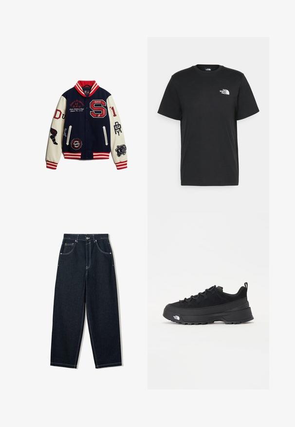 Navy and cream varsity jacket with red accents, embroidered logos, striped ribbed collar and cuffs, snap buttons, and various patches.; Black cotton t-shirt with short sleeves, crew neck, and a small white logo on the left chest. Simple design, smooth texture, and relaxed fit.; Wide-legged, dark denim jeans with contrast white stitching, five pockets, and a button closure. Features a high waist design.; Black outdoor sneaker with a suede upper, textured rubber sole, and sturdy lacing system. Features a reinforced heel and brand logo on the side.