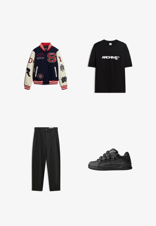 Marineblauwe en crèmekleurige varsityjack met rode accenten, geborduurde logo's, gestreepte geribde kraag en manchetten, drukknoopsluiting en diverse patches.; Zwarte katoen T-shirt met een witte "ARCHIVE inc." logo over de borst, korte mouwen en een ronde hals.; Zwarte katoenen broeken met een losse pasvorm, voorzien van een klassieke tailleband, voorplooien en zijzakken. Gladde structuur zonder patronen.; Zwarte sneakers met een glad leren bovenwerk, gearceerde accenten en ronde zwart-witte veters. Dikke rubberen zool met een geprofileerd loopvlak.
