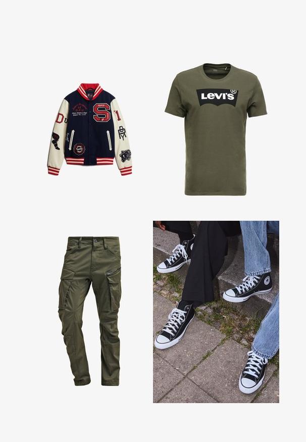 Marineblå og creme varsity-jakke med røde accenter, broderede logoer, stribede ribbede krave og manchetter, trykknapper og forskellige lapper.; Oliven grøn bomulds t-shirt med et stort sort Levi's logo på forsiden. Klassisk rund hals og korte ærmer, glat tekstur.; Olivenfarvede cargo-bukser lavet af slidstærk bomuld. Har flere lommer, en lynlåslomme på siden og tapered ben med en let tekstureret overflade.; Sorte høje canvas sneakers med hvide gummisåler og snørebånd, prydet med et cirkulært logo på siden og parret med denim og sorte bukser.