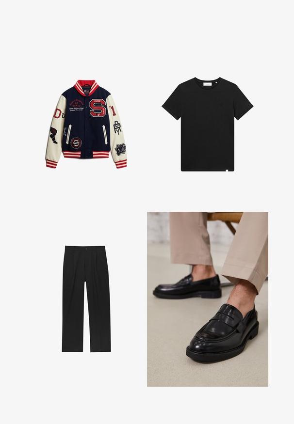 Granatowa i kremowa kurtka varsity z czerwonymi akcentami, haftowanymi logo, prążkowanym kołnierzem i mankietami, z zatrzaskami oraz różnymi naszywkami.; Czarna koszulka z krótkim rękawem wykonana z bawełny, z okrągłym dekoltem i małym logo haftowanym na piersi. Gładka tekstura, standardowy krój.; Czarne spodnie o prostym kroju, wykonane z gładkiego materiału. Posiadają zakładki z przodu i pojedyncze zapięcie na guziki w pasie.; Czarne skórzane mokasyny o gładkim wykończeniu, z dekoracyjnym paskiem i kontrastowym szwem, w połączeniu z beżowymi spodniami.
