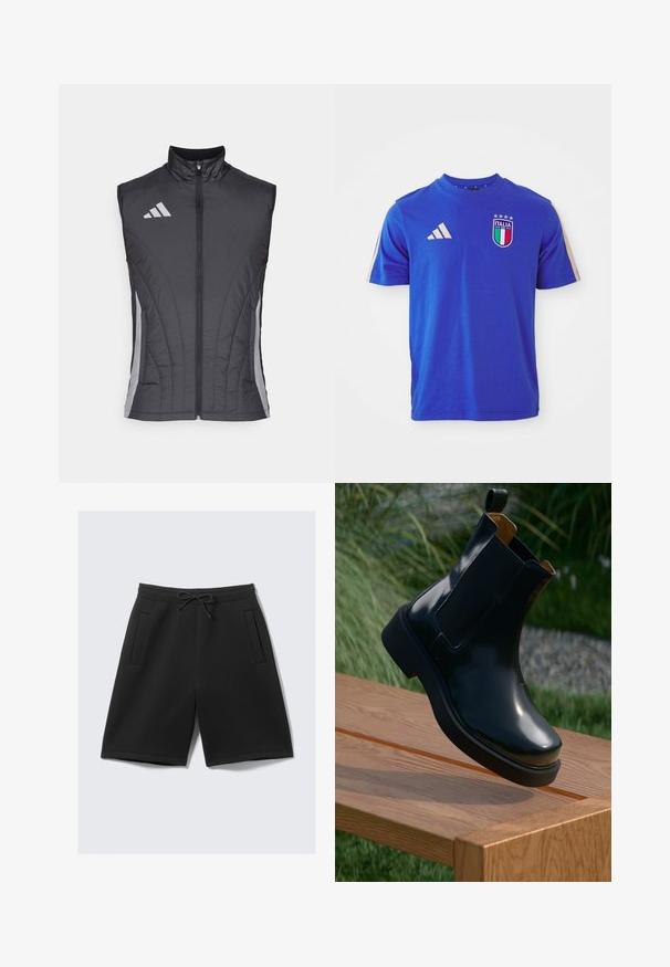 Gilet nero senza maniche realizzato in un materiale leggero e trapuntato. Presenta un colletto alto e strisce grigie diagonali lungo i lati.; T-shirt in cotone blu con maniche corte, caratterizzata da un collo rotondo, tre strisce bianche Adidas sulle spalle e un logo Italia con accenti.; Pantaloni sportivi neri realizzati in morbido tessuto, con vita elastica e coulisse, e due tasche frontali. Tessuto liscio, lunghezza fino al ginocchio.; Stivale Chelsea in pelle nera con finitura liscia, pannelli laterali elasticizzati, punta arrotondata e suola in gomma spessa, posizionato sopra una superficie lignea.