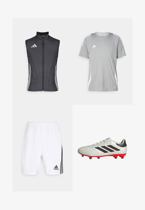 Black sleeveless vest made of a quilted, lightweight material. Features a high collar and diagonal grey stripes along the sides.; Light grey athletic t-shirt with short sleeves, featuring white accents and an Adidas logo on the left chest. Made from breathable material.; White sports shorts with an elastic waistband, featuring black side stripes and a small black Adidas logo near the hem.; White soccer cleat with black accents and red sole. Features three black stripes on the side and a smooth textured upper.