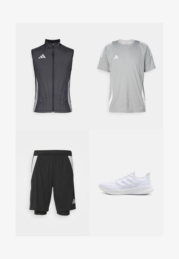 Zwarte mouwloze vest gemaakt van een gewatteerd, licht materiaal. Heeft een hoge kraag en diagonale grijze strepen langs de zijkanten.; Lichtgrijze sport t-shirt met korte mouwen, voorzien van witte accenten en een Adidas-logo op de linkerborst. Gemaakt van ademend materiaal.; Zwarte sportieve shorts van lichtgewicht stof, met witte zijpanelen, een elastische tailleband en een reflecterend logo aan de onderlinkerkant.; Witte sportschoenen met een gestructureerde mesh bovenkant, een ondersteunende gevoerde zool en een ontwerp met drie strepen aan de zijkant.