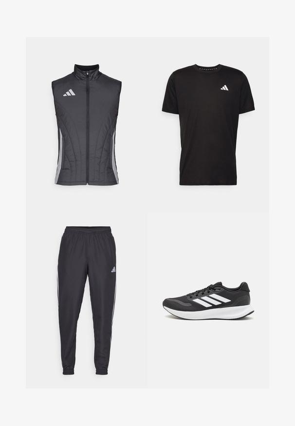 Zwarte mouwloze vest gemaakt van een gewatteerd, licht materiaal. Heeft een hoge kraag en diagonale grijze strepen langs de zijkanten.; Zwarte katoenen t-shirt met korte mouwen, ronde hals en een wit logo op de linkerkant van de borst. Gladde textuur en eenvoudig ontwerp.; Zwarte sportieve broek met een elastische tailleband, voorzien van witte strepen aan de zijkanten en een klein logo op de heup. Gladde textuur.; Zwart sportief schoen met ademend mesh bovenwerk, witte accenten en een gevoerde zool. Beschikt over een logo met drie strepen aan de zijkant.
