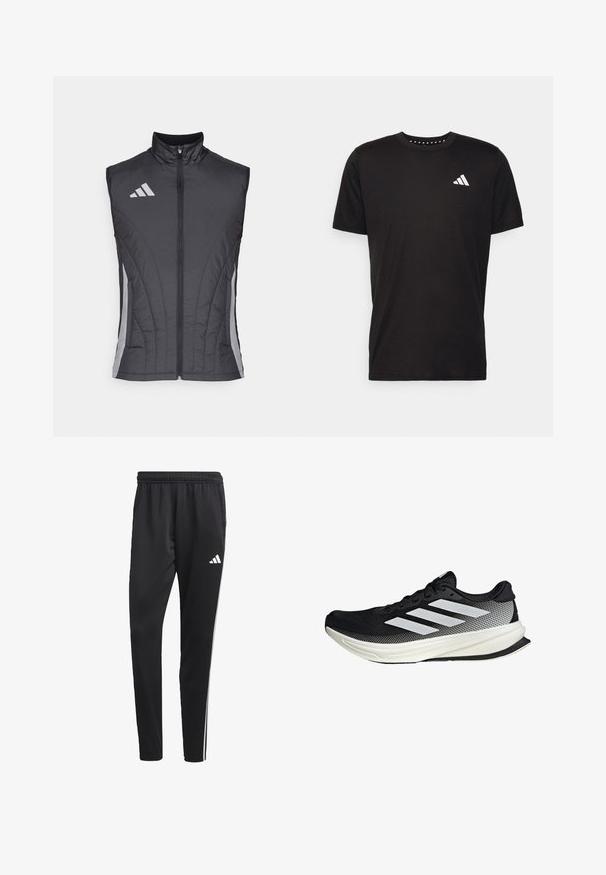 Schwarze ärmellose Weste aus einem gesteppten, leichten Material. Verfügt über einen hohen Kragen und diagonale graue Streifen an den Seiten.; Schwarzes Baumwoll-T-Shirt mit kurzen Ärmeln, Rundhalsausschnitt und einem weißen Logo auf der linken Brust. Glatte Textur und einfaches Design.; Schwarze Sporthose mit einem dehnbaren Bund, weißen Seitenstreifen und einem kleinen weißen Logo auf dem Oberschenkel. Hergestellt aus einem glatten, leichten Material.; Schwarzer Sportschuh mit einem Mesh-Design, ausgestattet mit weißen Streifen, einer runden Zehenpartie und einer strukturierten Sohle für Grip und Unterstützung.