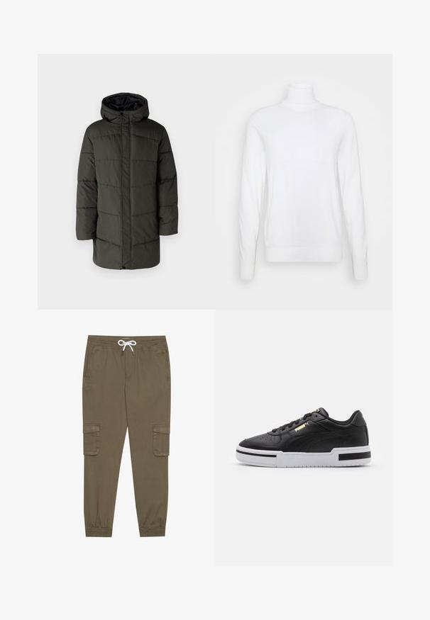 Palton împăturit de culoare verde măslinie, cu glugă, închidere cu fermoar și detalii de cusătură verticală. Include buzunare laterale și un design de lungime medie.; Pulover alb cu guler înalt, cu mâneci lungi, fabricat dintr-un material neted. Are un design ajustat și manșete și margine împălată. Fără modele sau accente.; Pantaloni cargo kaki cu talie elastică și șnur, cu buzunare laterale și gleznă strânsă. Realizați dintr-un material texturat și ușor.; Sneaker din piele neagră cu talpă intermediară albă, vârf perforat, detaliu logo auriu, guler căptușit și accente negre contrastante pe lateral.
