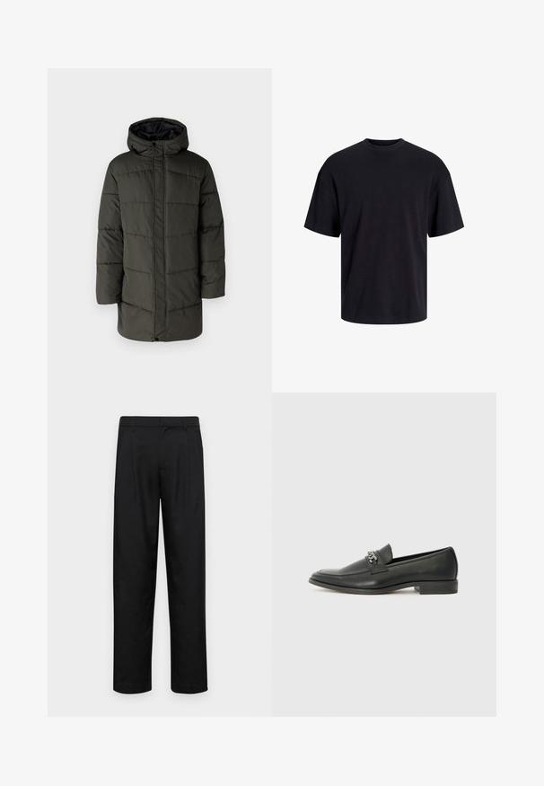 Olīvu zaļš pildīts mētelis ar kapuci, ar rāvējslēdzēja aizdari un vertikālām šuvēm. Iespējas sānu kabatas un vidēja garuma dizains.; Melns kokvilnas T-krekls ar apaļu kakla izgriezumu, īsām piedurknēm un brīvu piegriezumu. Gluda tekstūra un nav redzamu rakstu vai akcentu.; Melnas bikses, izgatavotas no gludas auduma, ar taisnu kāju dizainu, divām priekšējām krokām un standarta jostu, kurai ir āķi.; Melna ādas loafer izmēra apavi ar gludu virsmu, piedāvā ar šūtu dizainu un dekoratīvu metāla ķēdes akcentu pār vampu. Plakana papēža daļa.