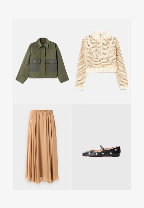 Oliiviroheline puuvillane jakk, millel on kaelus, nööbid ees ja kaks suurt esist taskut klapiga.; Helebeige lühike sviiter, millel on lukuga kaelus, tekstuuriga muster ning soonikuga varrukad ja äär. Kombineerib kudumise ja kootud materjalid.; Heledis beež seelik, valmistatud voolavast kangast. Omab kogutud elastset vöökoht ja pehmeid voldikesi liikumiseks.; Must naar mustast valmistatud Mary Jane lamedad jalanõud, ümarate varvastega, hõbedaste ümmarguste nupukestega ja reguleeritava rihmaga, millel on klamber.