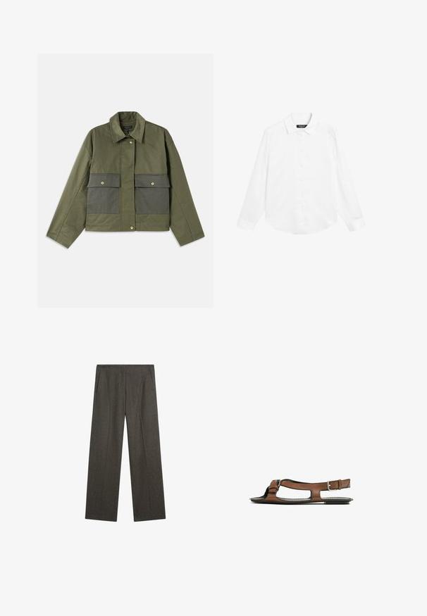Olijfgroene jas gemaakt van katoen met een kraag, knopen aan de voorkant en twee grote voorzakken met kleppen.; Massimo Dutti FLOWING SATIN LONG SLEEVE - Overhemdblouse - white denim; Donkergrijze, wijde broek gemaakt van een gestructureerde stof, met twee zijzakken en een nette frontplooi. Eenvoudig, passend ontwerp.; Bruine leren sandaal met een open teen en zijuitsparingen. Voorzien van een enkelband met een metalen gesp en een platte zool.