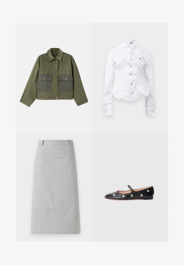 Olijfgroene jas gemaakt van katoen met een kraag, knopen aan de voorkant en twee grote voorzakken met kleppen.; Witte longsleeve shirt met een getailleerd ontwerp. Voorzien van een grote kraag, sluiting met knopen aan de voorkant met bruine knopen en een klein geborduurd logo.; Grijze kokerrok met een gladde textuur, een aansluitende vorm en een platte tailleband, met zijsnijden en zonder zichtbare patronen of accenten.; Zwarte leren Mary Jane ballerina met een ronde neus, voorzien van zilveren ronde studs en een verstelbaar bandje met een gesp.