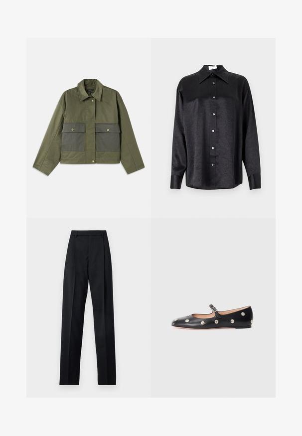 Giacca verde oliva in cotone con colletto, chiusura a bottoni e due grandi tasche frontali con patta.; Camicia nera a maniche lunghe con colletto, caratterizzata da una texture stropicciata, chiusura frontale con bottoni e polsini. Realizzata in un tessuto morbido.; Pantaloni neri realizzati in tessuto morbido, caratterizzati da vita alta, gambe larghe, pince frontali e classiche passanti per cintura. Non ci sono tasche laterali visibili.; Scarpa flat nera in pelle tipo Mary Jane con punta arrotondata, caratterizzata da borchie circolari argentate e una fascia regolabile con fibbia.