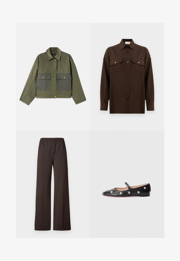 Veste olive en coton avec col, fermeture à boutons et deux grandes poches avant avec rabats.; Chemise à manches longues brun foncé avec boutons, dotée de deux poches poitrine à rabat et d'un col classique, présentée sur un fond blanc uni.; Pantalons à jambe large en tissu brun foncé avec une taille élastique, présentant une texture lisse et des lignes épurées pour un look soigné.; Chaussure plate en cuir noir type Mary Jane avec un bout arrondi, ornée de clous ronds en argent et dotée d'une sangle réglable avec une boucle.