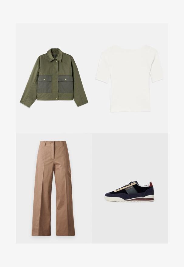 Olivově zelená bunda z bavlny s límcem, knoflíkovým zapínáním a dvěma velkými předními kapsami se zapínáním na klopy.; Bílý kratší top s pruhovaným vzorem a širokým výstřihem. Textura obsahuje vertikální pruhy, které zdůrazňují těsný střih a jednoduchý design.; Hnědé kalhoty s širokými nohavicemi vyrobené z hladké tkaniny, s předním zapínáním na knoflík, dvěma předními kapsami a čistými, dobře střiženými liniemi.; Námornické semišové tenisky s béžovými a tmavě modrými akcenty. Mají bílou gumovou podrážku a zlaté logo na boku. Klasický sportovní design.