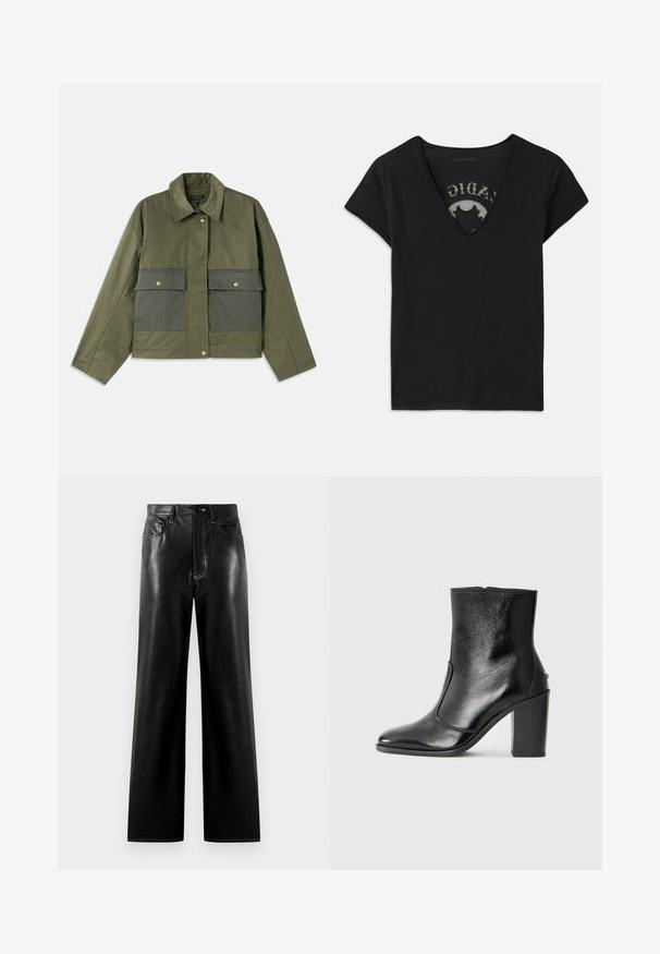 Olivegrüne Jacke aus Baumwolle mit einem Kragen, Knopfleiste und zwei großen vorderen Taschen mit Klappen.; Schwarzes T-Shirt mit kurzen Ärmeln und tiefem V-Ausschnitt, ausgestattet mit einem Netzpanel und einem Druckdesign auf der inneren Schicht. Weicher, atmungsaktiver Stoff.; Schwarze Leder-Hose mit weitem Bein und glatter Oberfläche, ausgestattet mit einem Knopf- und Reißverschluss, Vordertaschen und kontrastierenden Nähdetails.; Schwarze Leder-Stiefelette mit glatter Textur, spitzem Fuß und klobigem hohen Absatz. Verfügt über eine seitliche Öffnung und ein minimalistisches Design.