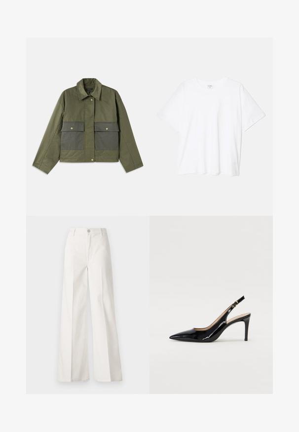 Casaco verde-oliva feito de algodão, com colarinho, fecho de botões à frente e dois grandes bolsos frontais com fechos de aba.; T-shirt de algodão branco com mangas curtas, decote redondo, corte descontraído e bainha cosida. Etiqueta visível no interior do pescoço.; Calças largas brancas feitas de algodão com uma textura suave. Apresenta um botão frontal, fecho de correr e um design de quatro bolsos.; Sandal com salto em verniz preto, bico fino, salto esguio e um design de recorte subtil. Apresenta uma fivela dourada na alça.
