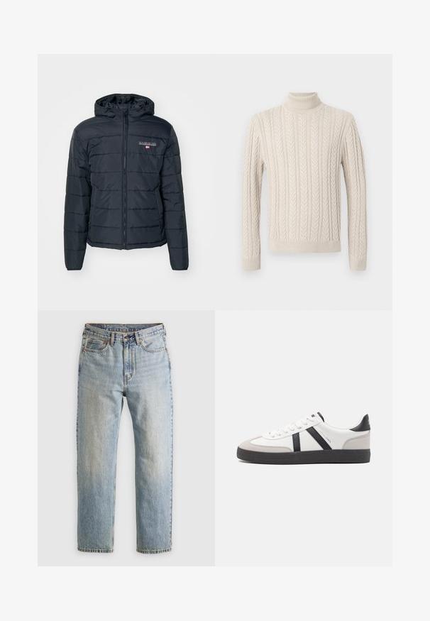 Giacca piumino grigia scura con zip frontale, cappuccio, polsini elastici e design trapuntato. Dettagli del logo sulla parte sinistra del petto. Materiale leggero.; Maglione beige lavorato a maglia con un alto collo a costine. Presenta un motivo a treccia testurizzato e polsini e orlo a coste, offrendo un aspetto accogliente.; Jeans in denim azzurro chiaro con vita alta, bottone anteriore, cerniera e design a cinque tasche, adagiati su uno sfondo neutro.; Sneaker bianco con accenti neri e grigi, dotata di una punta grigia testurizzata, suola in gomma nera e lacci bianchi piatti. Design pulito, stile minimalista.