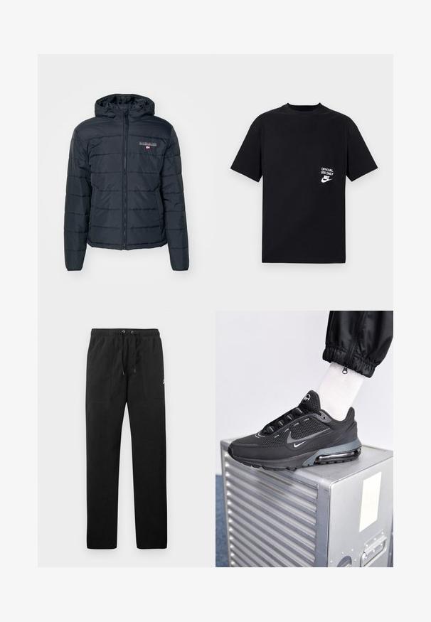 Czarna szara kurtka puchowa z zamkiem z przodu, kapturem, elastycznymi mankietami i pikowanym wzorem. Detale z logo na lewej stronie klatki piersiowej. Lekki materiał.; Czarny bawełniany T-shirt z krótkim rękawem, okrągłym dekoltem, z białym napisem „TYLKO DO UŻYTKU OFICJALNEGO” oraz logo Nike na lewej piersi.; Czarne spodnie dresowe z polaru, z elastycznym paskiem w talii ze sznurkiem, dwiema przednimi kieszeniami oraz małym logo na udzie.; Nike Sportswear PULSE czarny